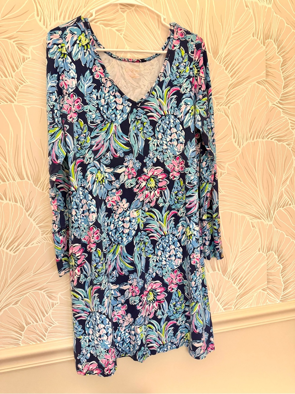 Lilly Pulitzer V-Neck Dress in High Tide Navy Pineapple Print